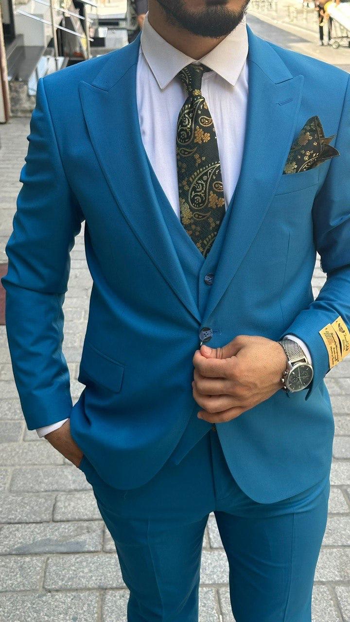 Turquoise groen-blauw Trouwpak shiny look